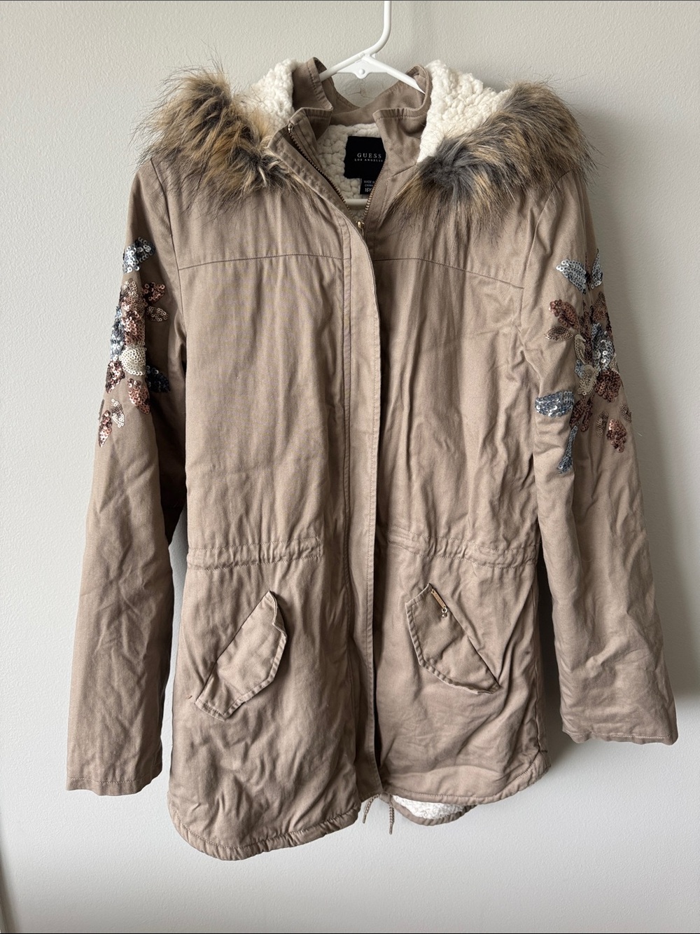 Guess Taupe Utility Parka with Faux-Fur Hood and Embroidered Sleeves